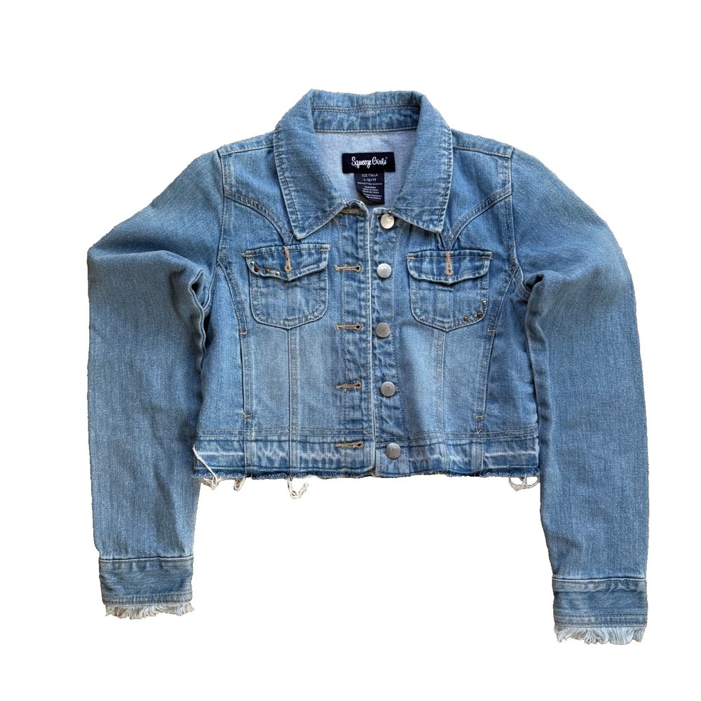 Squeeze Girls Cropped Denim Jacket Size L 12/14 Studded Distressed Raw Hem Jean